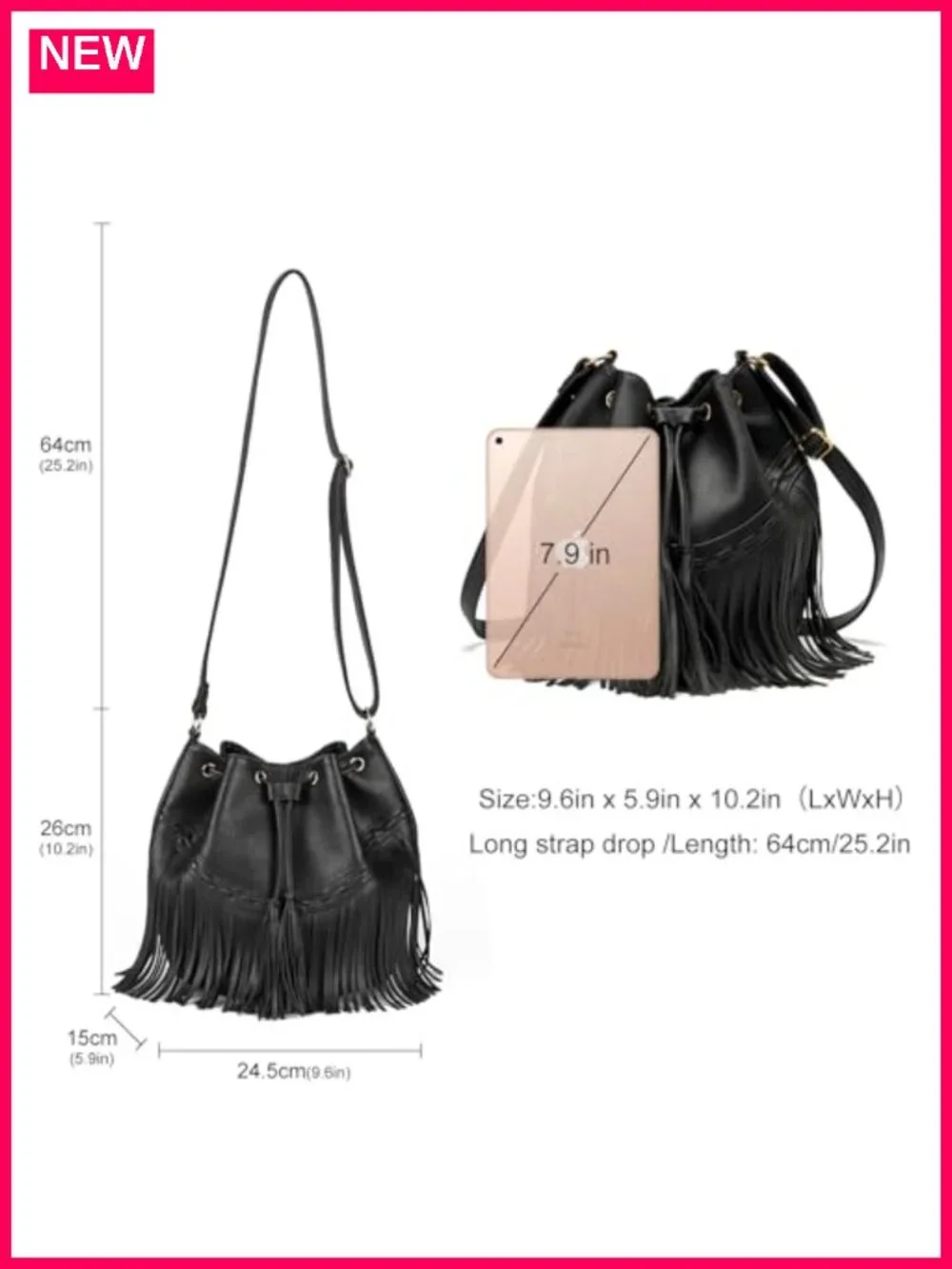 Faux Leather Fringe Bucket Bag Crossbody Purse with Drawstring Tassel Hobo